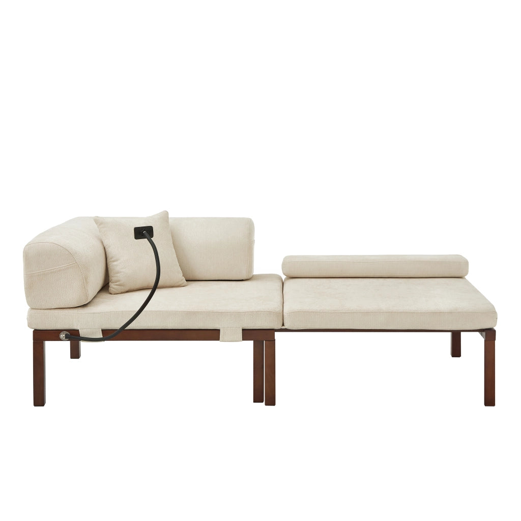 Divano letto pieghevole in legno massello con letto estraibile singolo, beige