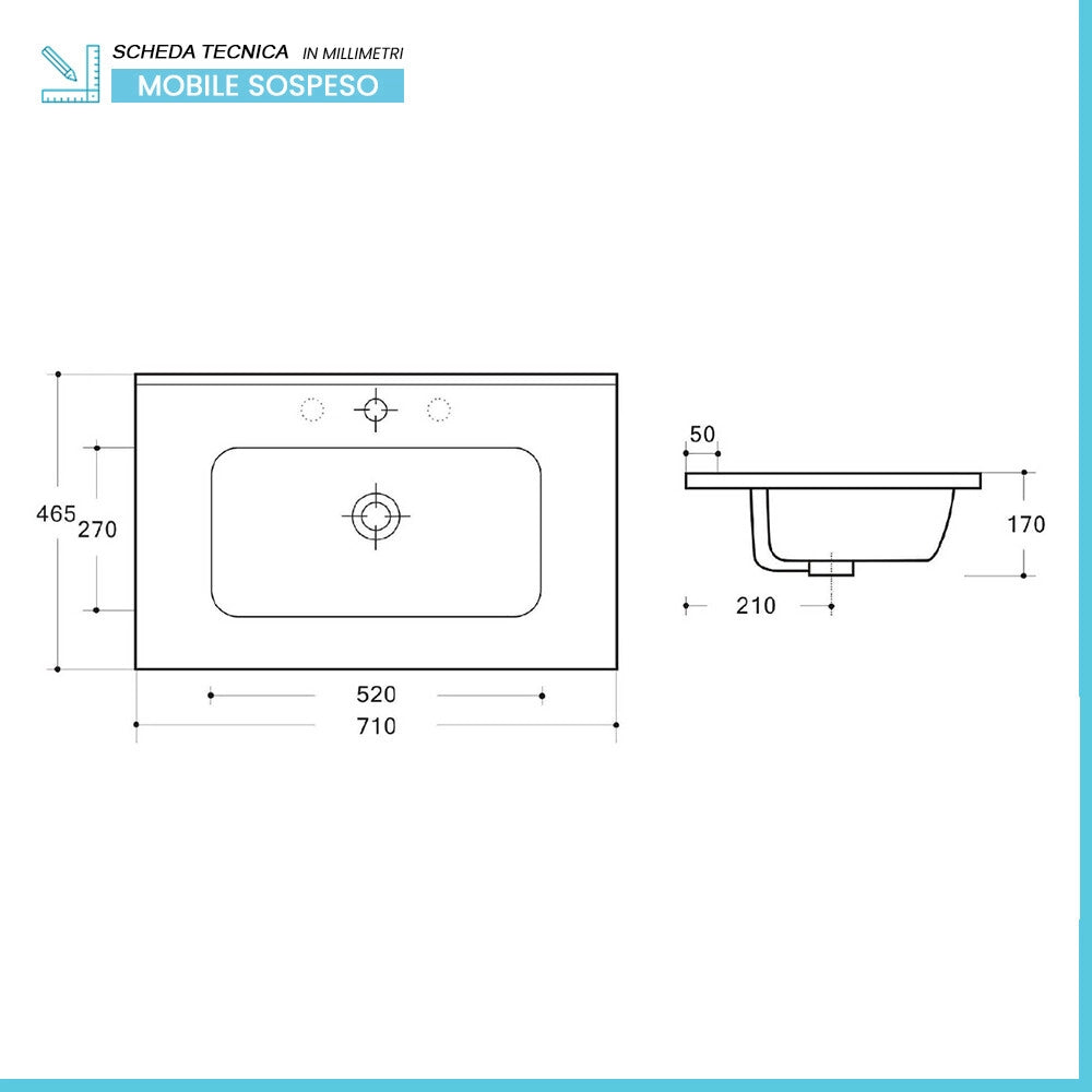 Mobile bagno sospeso 70 cm rovere bali con lavabo ad incasso Gaya