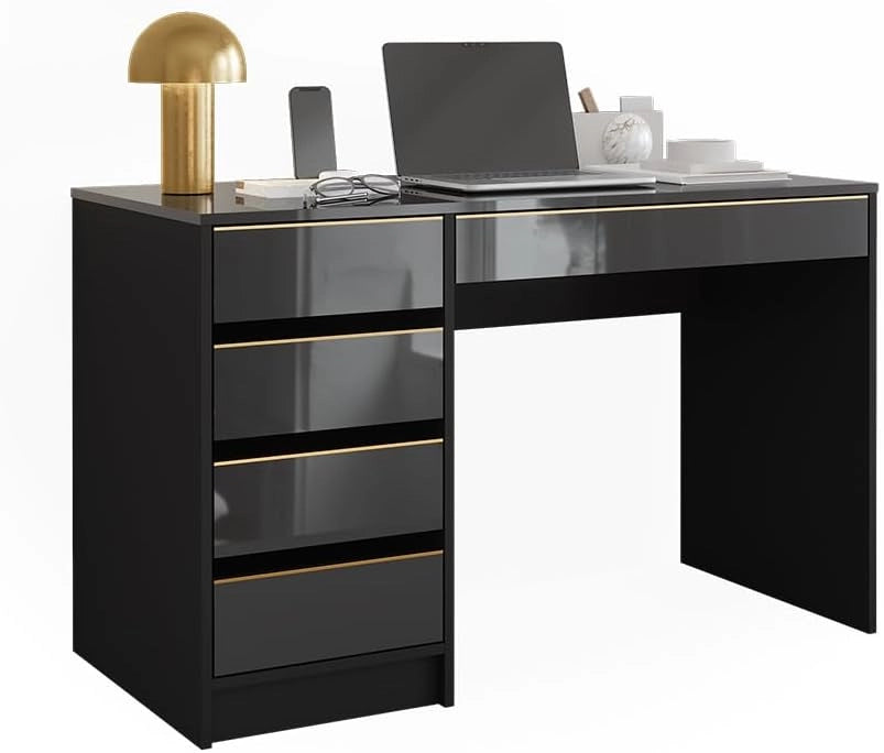 Scrivania Sherry, Nero lucido, 55 x 120 cm con cassetti, adatto come postazione di lavoro per home office o studio