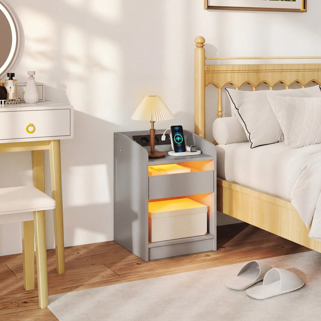 Comodino con LED RGB, stazione di ricarica USB, cassetto e controllo remoto ¨C zephmum ¨C grigio, 40x40x58 cm