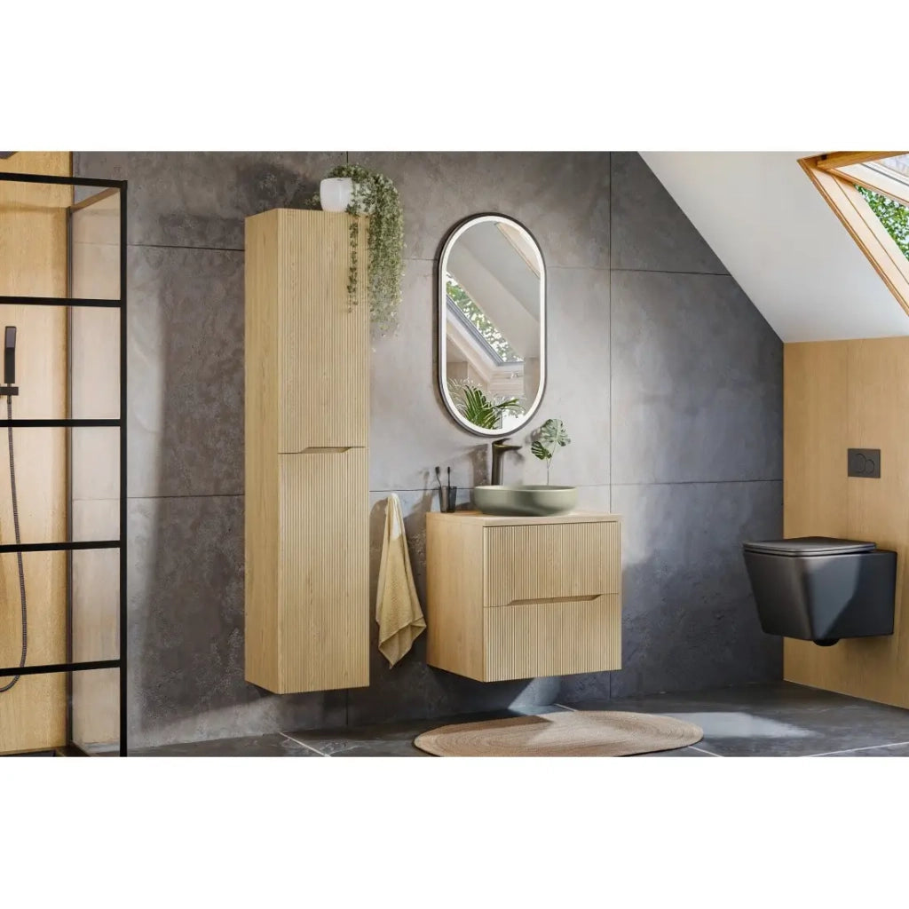 Mobile sottolavabo NATURA – 2 cassetti – Rovere chiaro – L60 × P45 × H57 cm – Da appendere