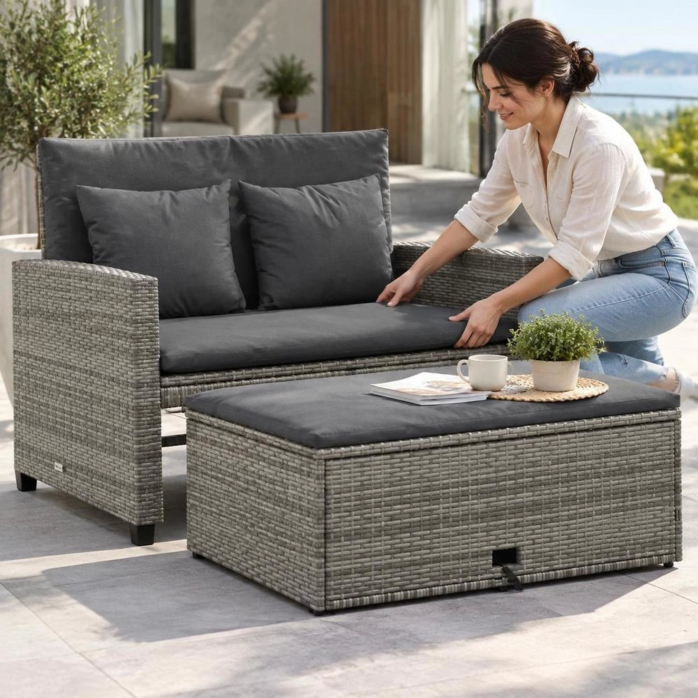 2-seater Garden Sofa With Cushions, Grey Poly Rattan