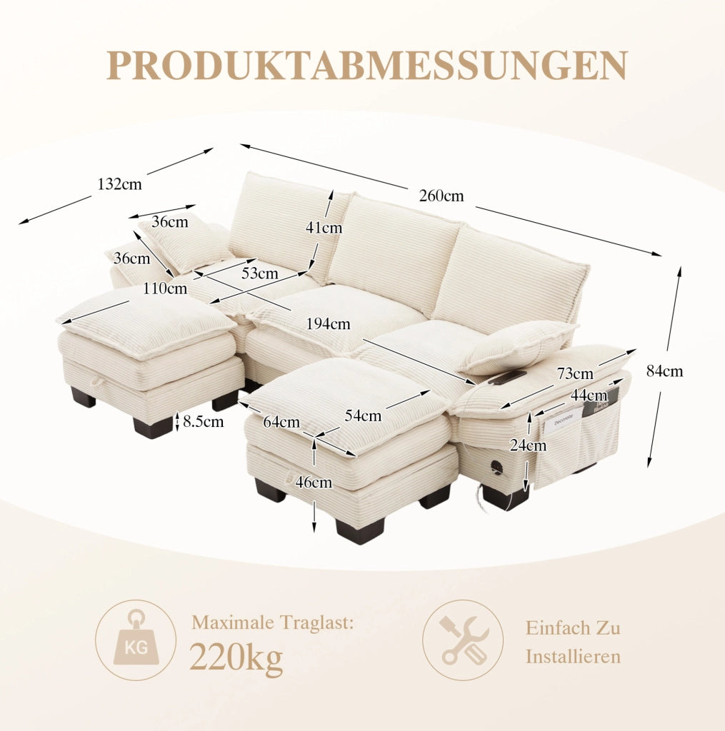 Divano modulare 3 posti in velluto a coste beige con 2 pouf