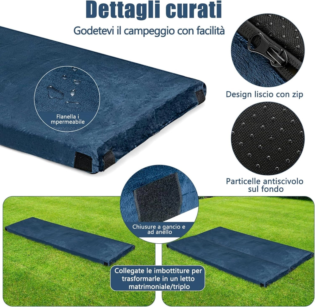 Materasso da Campeggio Impermeabile in Memory Foam, Materassino Portatile con Borsa di Trasporto, Base Antiscivolo, Componibile ed Ergonomico, 183 x 62,5 x 6,5cm