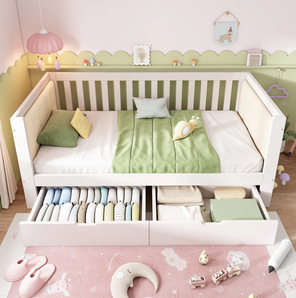 Letto singolo 90x200 cm bianco con 2 cassetti in legno