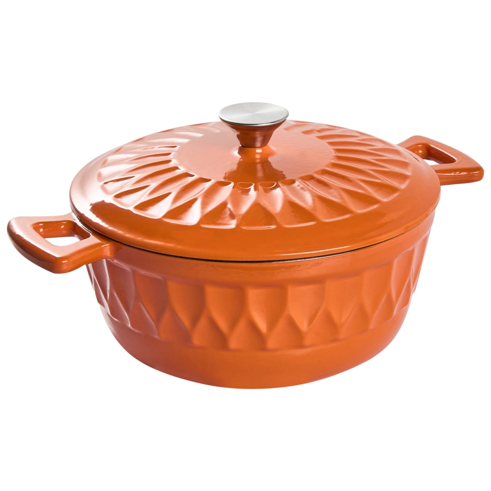 Casseruola in ghisa smaltata arancione con coperchio e manico in acciaio inossidabile adatta al forno e compatibile con tutti i tipi di piano cottura