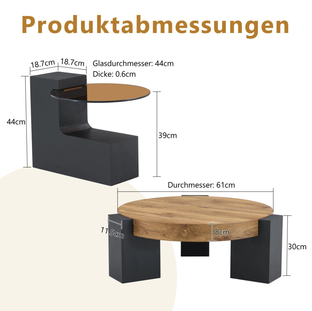 Tavolino da caffè rotondo a due livelli in MDF e vetro; nero e effetto legno; set 61 cm e 44 cm
