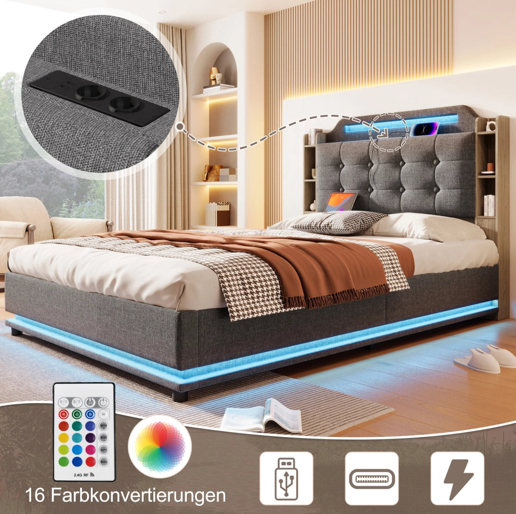Letto imbottito 140 x 200 cm con illuminazione integrata e ricarica laterale