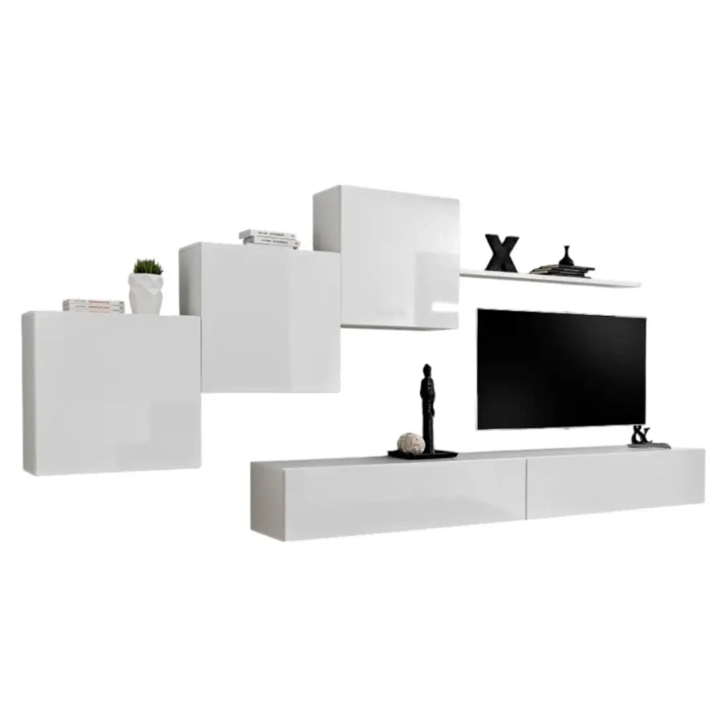 Set di mobili da soggiorno murali SWITCH X design, colore bianco lucido.