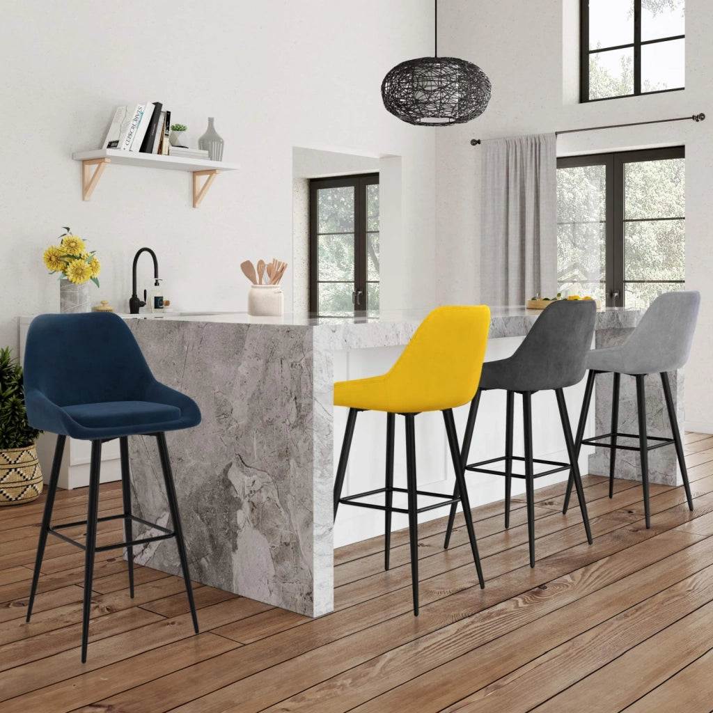 IDMarket - Set di 4 sgabelli da bar THALYA in velluto misto blu, grigio chiaro, grigio scuro, giallo