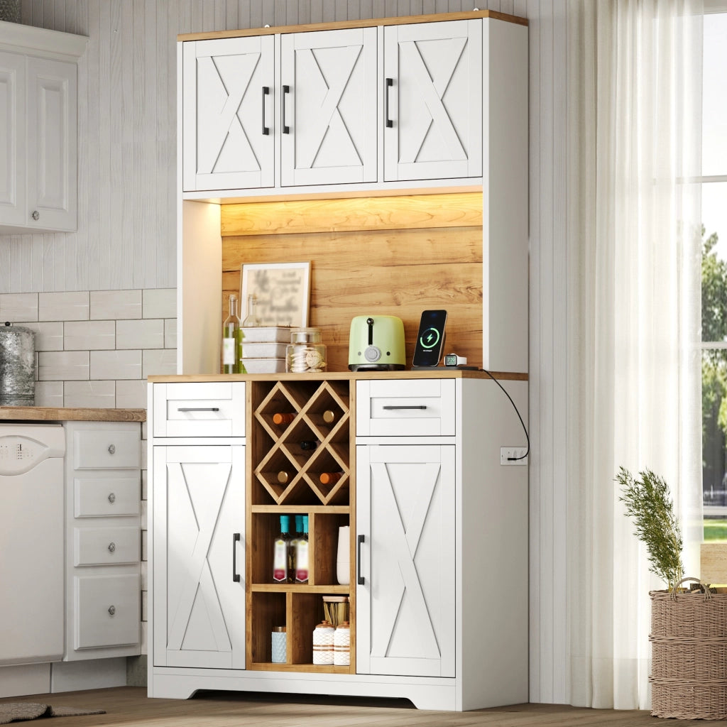Credenza alta da cucina con LED, 2 cassetti, vani aperti, portabottiglie e prese, per cucina e soggiorno 105 × 40 × 180 cm