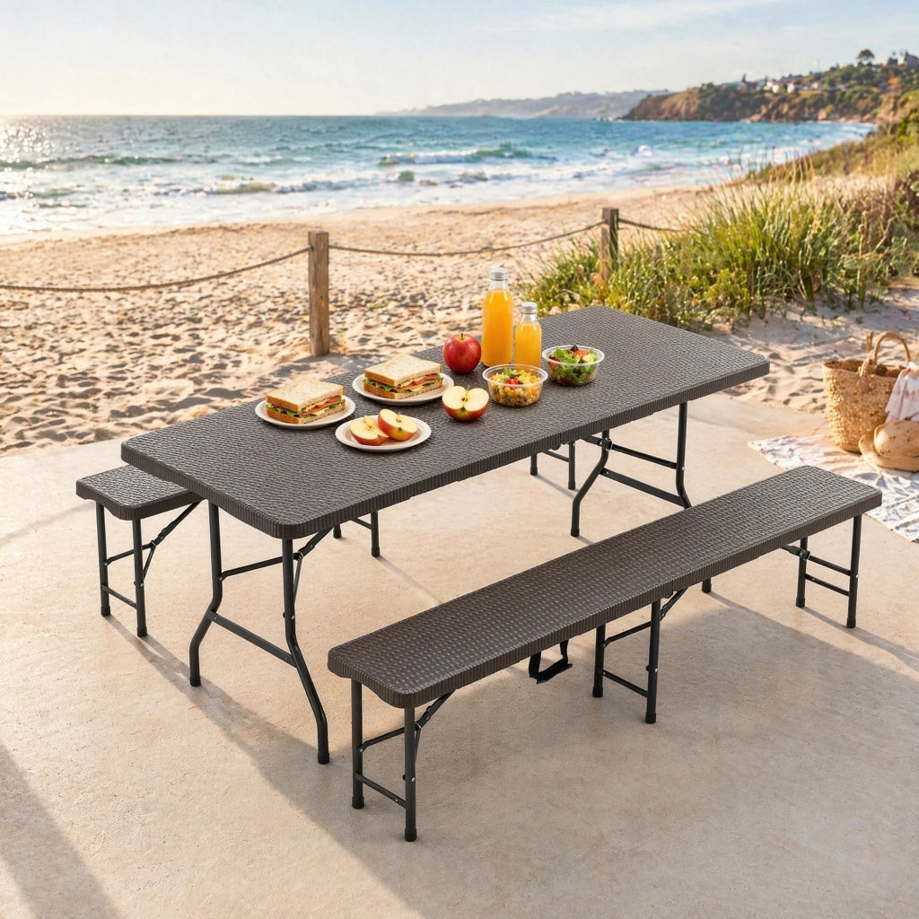 Set tavolo pieghevole da picnic 6 posti con 2 panche, piano in HDPE marrone effetto legno, per esterni