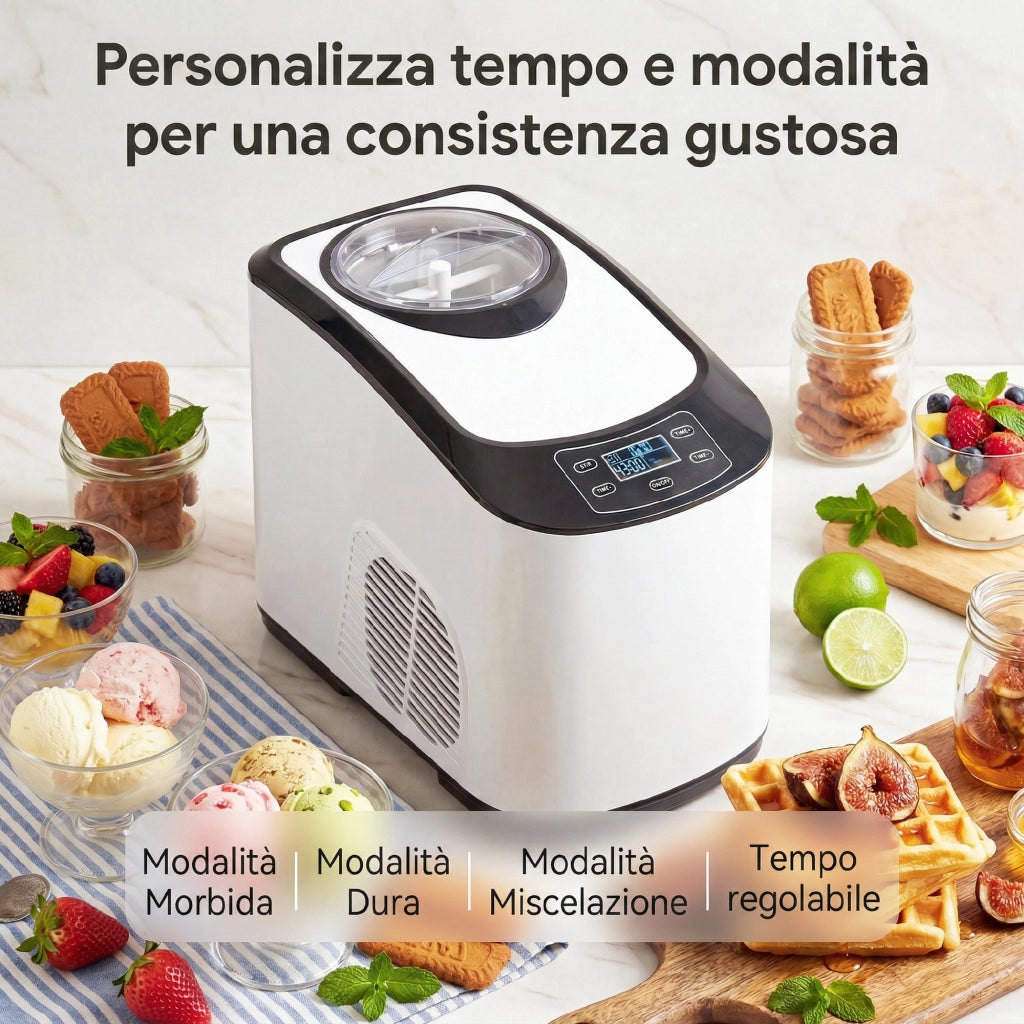 Gelatiera con Compressore Integrato 1.5L, Modalit¨¤ Morbida e Dura, Funzione Auto-Mantenimento al Freddo, Bianca