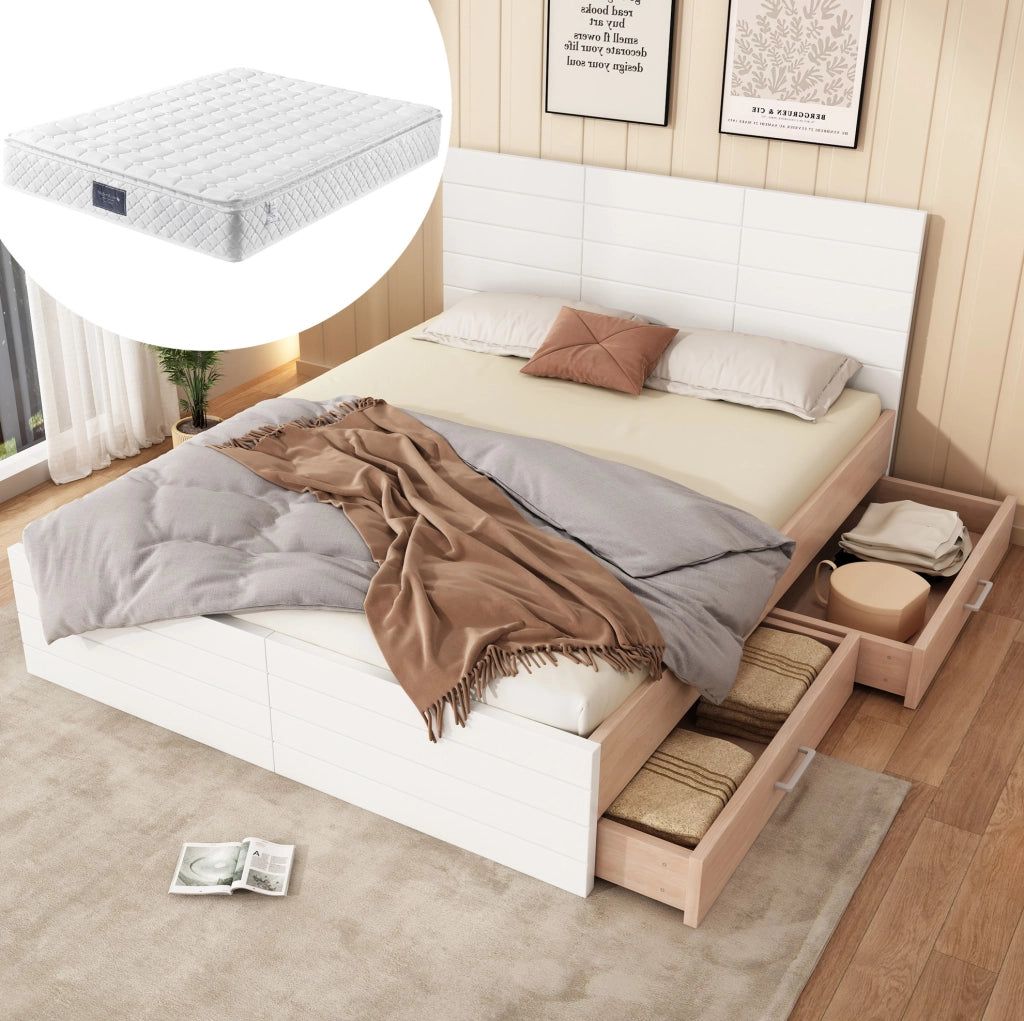 Letto matrimoniale 160x200 cm con materasso; 2 cassetti; struttura in legno massiccio e MDF; bianco rovere
