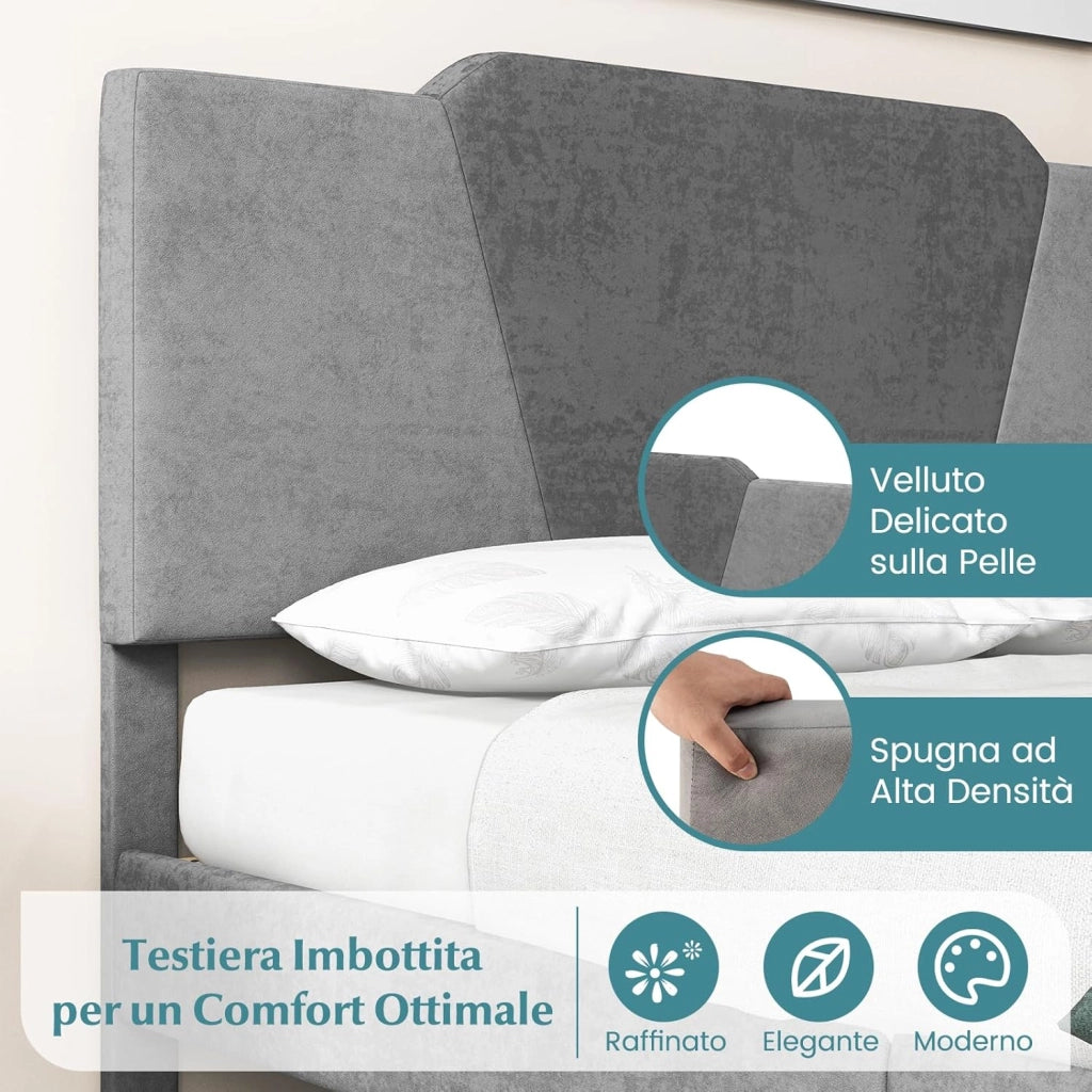 Letto con Struttura Imbottita in Velluto, Telaio da Letto con Doghe in Legno Massello e Testiera, 140 x 200 cm, Carico Massimo 500kg