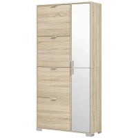 Scarpiera con Specchio per 16 Paia di Scarpe, 4 Cassetti a Ribalta e 2 Armadietti, 82x30x168cm, Rovere