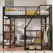 Letto a soppalco 140 × 200 cm con scala contenitore e ripiani in metallo e pannelli di legno nero