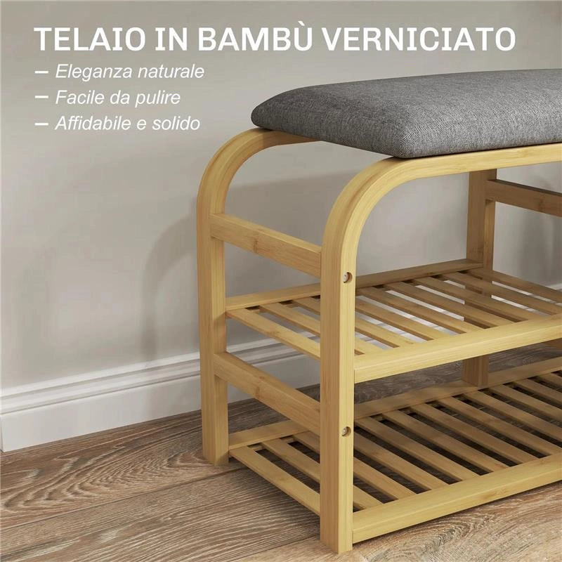 PANCA SCARPIERA DA INGRESSO CON SEDUTA IMBOTTITA DESIGN A DOGHE E CESTINO ESTRAIBILE 70X30X45 CM LEGNO