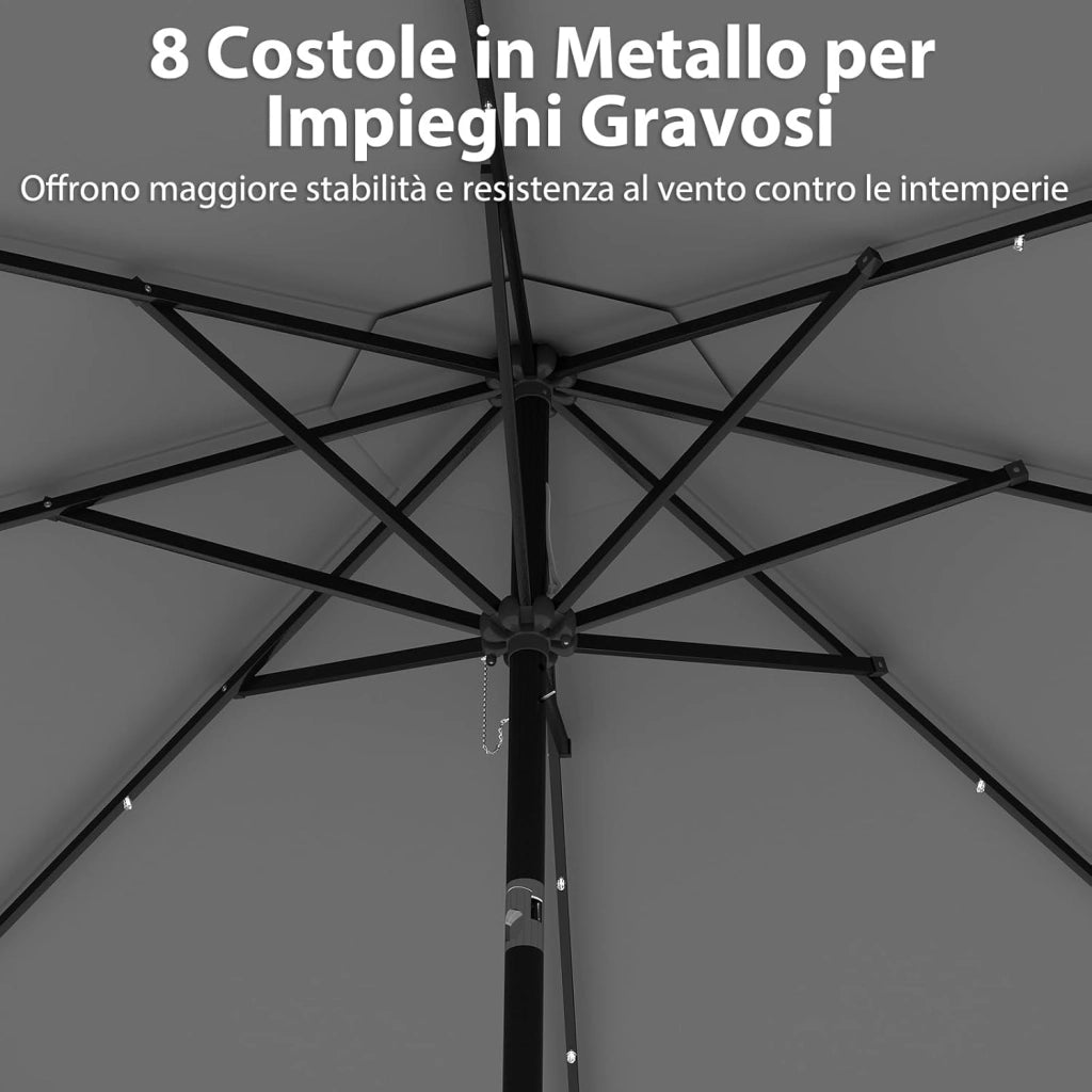 Ombrellone da Giardino 300 cm, con 24 Luci LED Solari, Inclinazione Regolabile, Manovella, 8 Stecche, Anti-UV, Top Ventilato, Idrorepellente, Giardino Piscina Patio (Grigio)