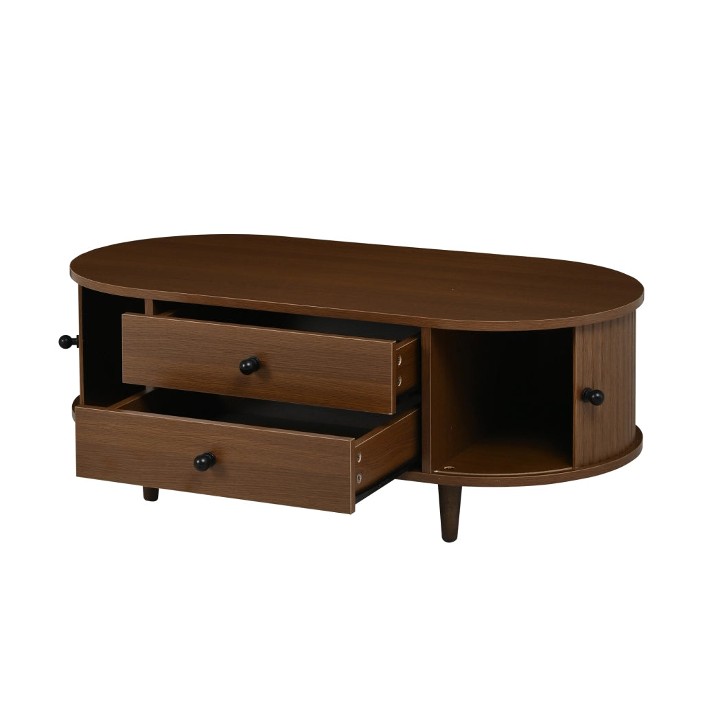 Tavolino da salotto in MDF colore noce con ante avvolgibili, 2 cassetti e gambe in legno massello 100x50x36 cm