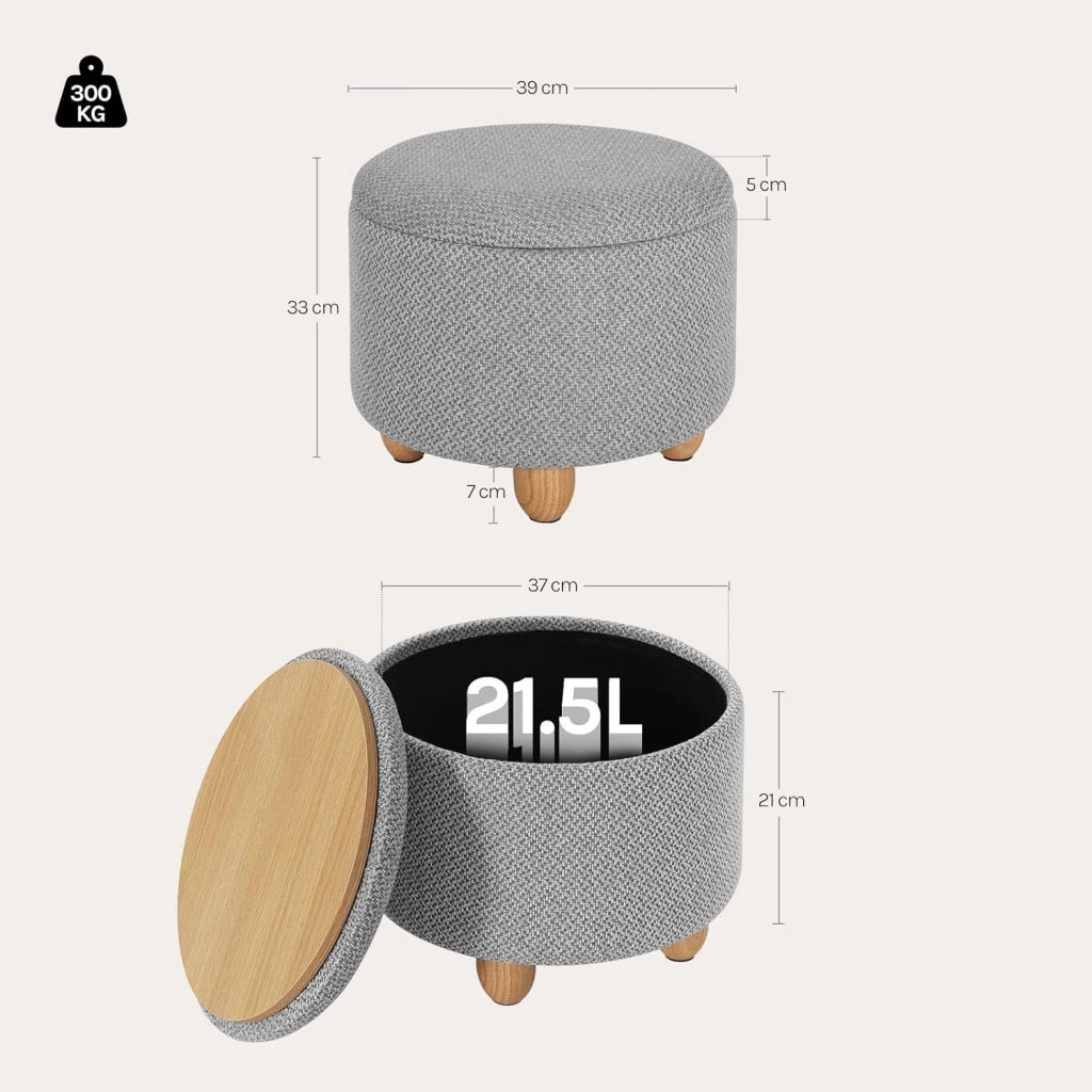 Pouf Contenitore con Coperchio, Pouf Poggiapiedi in Lino Grosso, Sgabello Tondo Salvaspazio con Gambe in Legno di Pino per Soggiorno, Corriodio, Camera, Ø 39x33 cm, Grigio Chiaro
