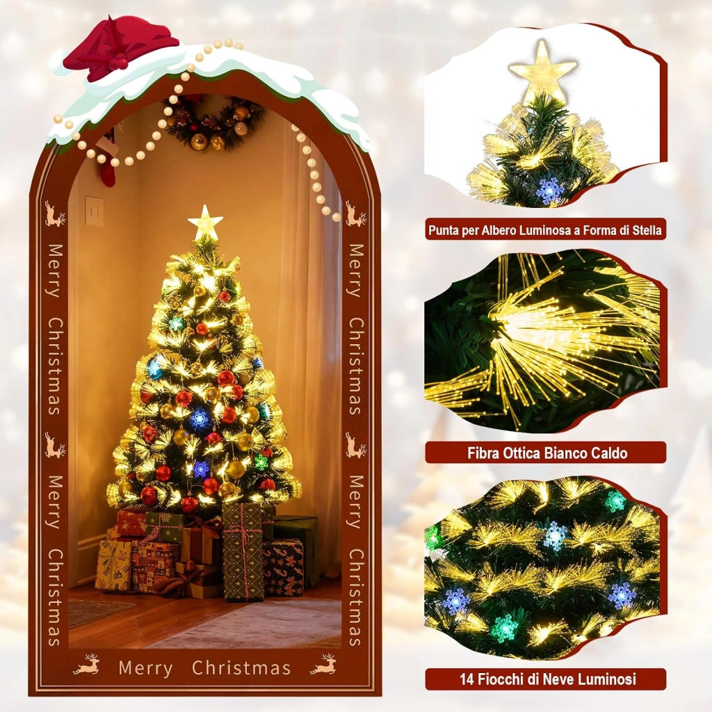 Albero di Natale con Luci in Fibra Ottica 120/150 cm, Albero di Natale Preilluminato con 8 Modalità di Illuminazione, 130/170 Rami, 14/20 Fiocchi di Neve, Puntale a Stella e Base (120 cm)