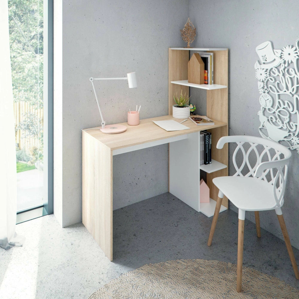 Scrivania Abba, Scrittoio lineare con libreria, Tavolo ufficio multiuso salvaspazio, 110x52h136 cm, Bianco e Rovere