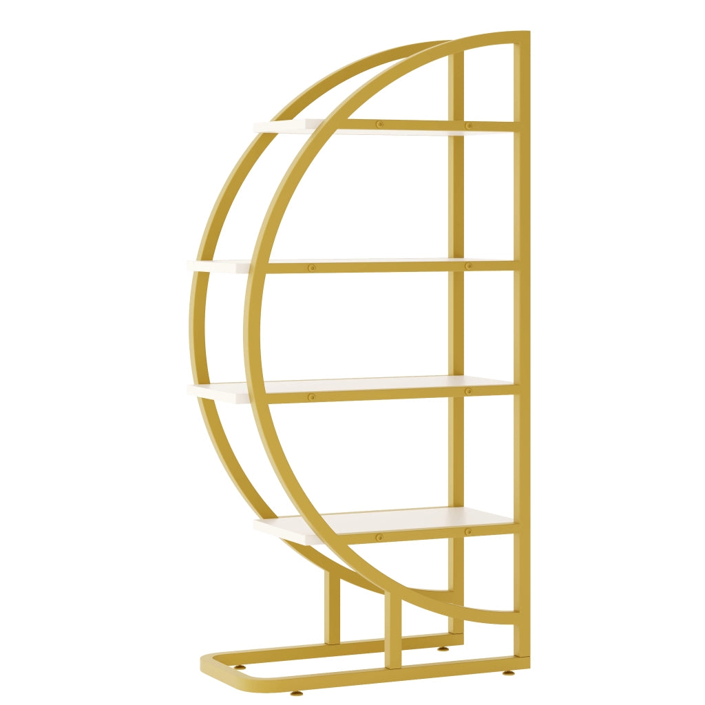 Libreria ad arco 120×30×130 cm, 2 pezzi, struttura in metallo oro con ripiani MDF bianchi, scaffale modulare