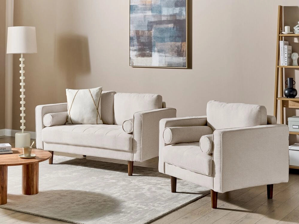 Set da soggiorno divano 2 posti e poltrona Imbottiti in tessuto beige con schienale imbottito stile retrò soggiorno