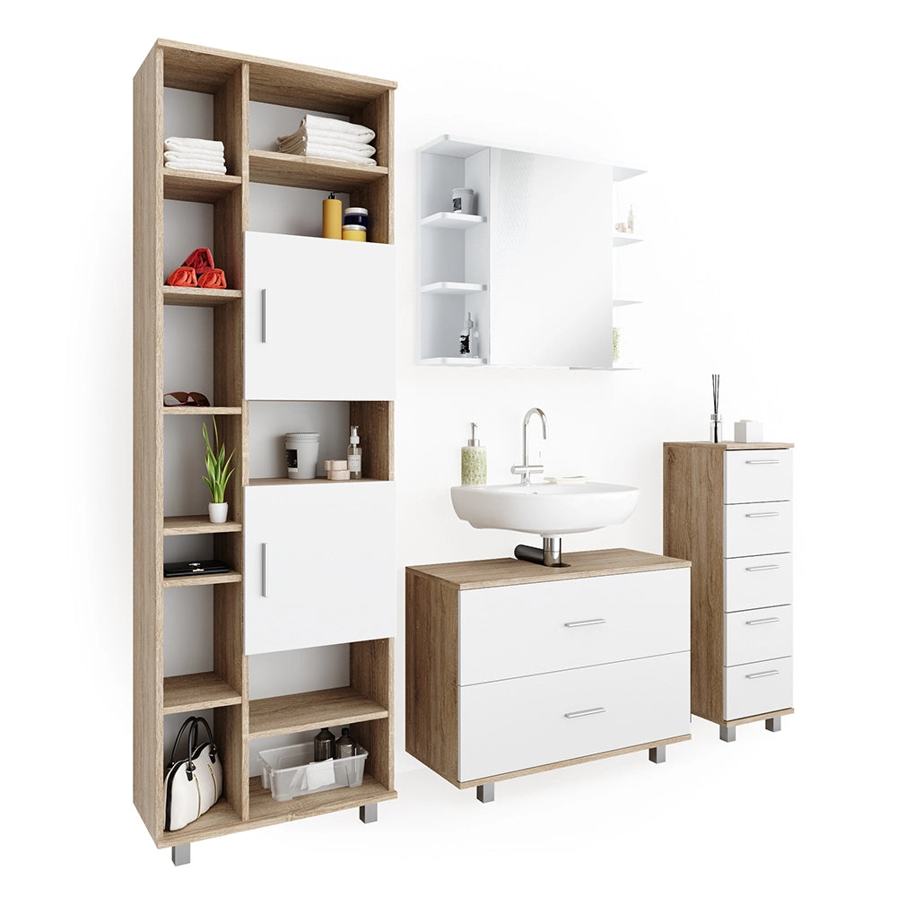 Vicco Set mobili bagno Bianco/Sonoma 4 parti, con armadio alto