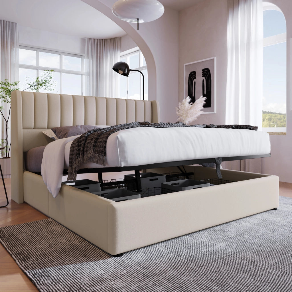 Letto Contenitore Letto Matrimoniale con Vano 180×200 cm; Testiera Imbottita; senza Materasso; Lino; Beige