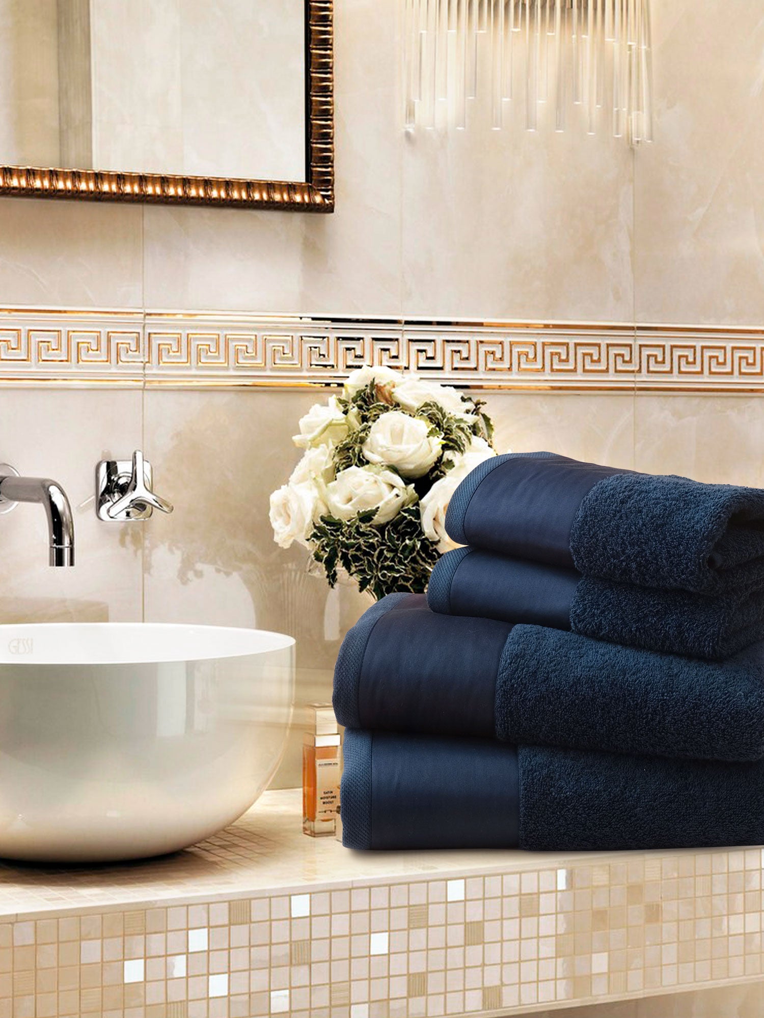 Set Spugna Asciugamani Viso + Ospite con Balza in Raso Garrini Hope Positano