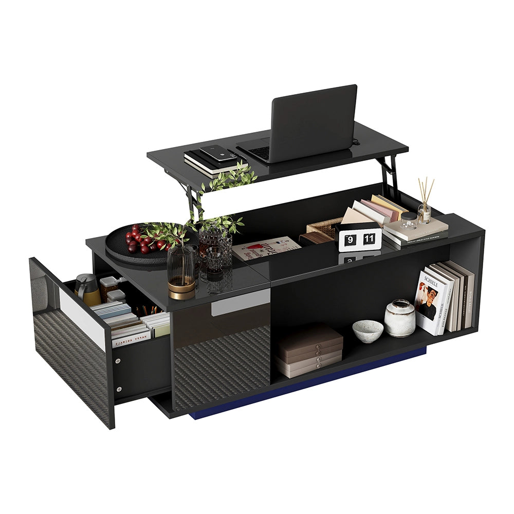 Tavolino-Xylo-100x50x40cm nero regolabile LED con tiroir