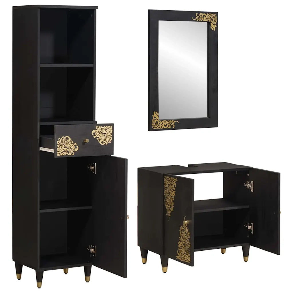 Set di Armadi da Bagno 3 pcs Nero Legno di mango massello
