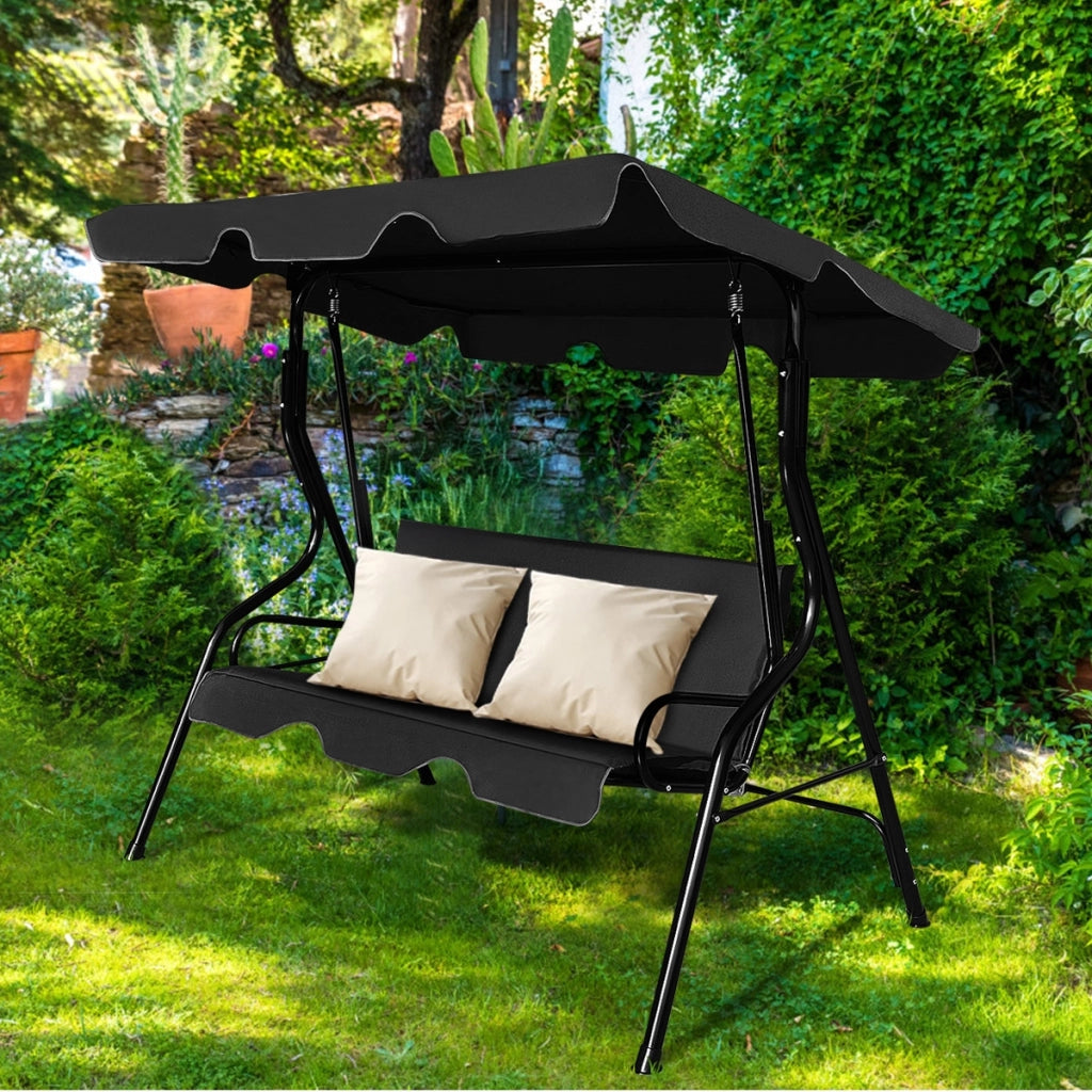 Dondolo a tre posti da giardino con oscurante e telaio in acciaio 172x154x110cm Nero