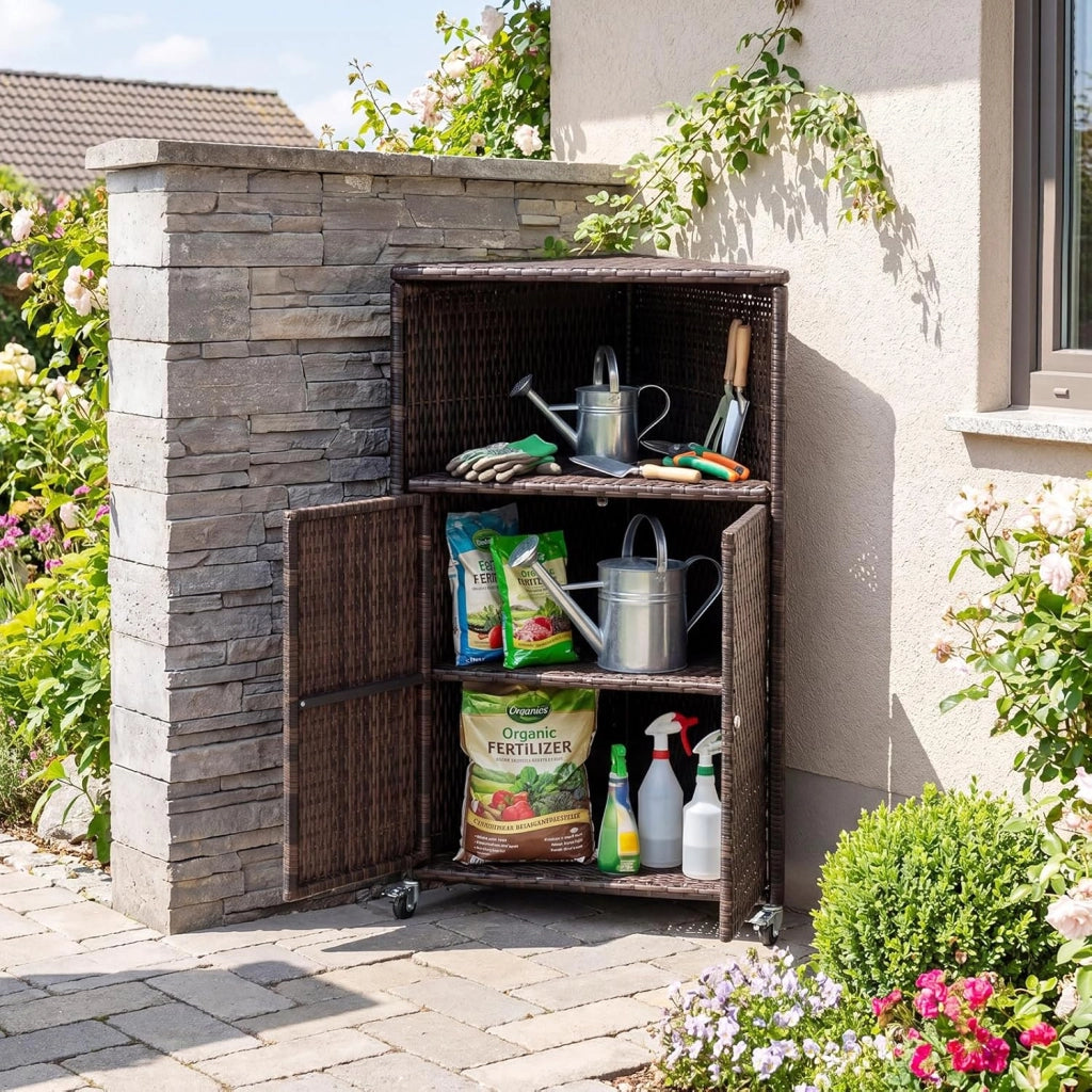 Armadietto da Esterno Angolare, Armadio da Esterno in Rattan PE con Ruote Bloccabili, 2 Ripiani Aperti e 2 Ante, Credenza da Cucina per Giardino, Piscina e Terrazza, 66 x 47 x 111 cm