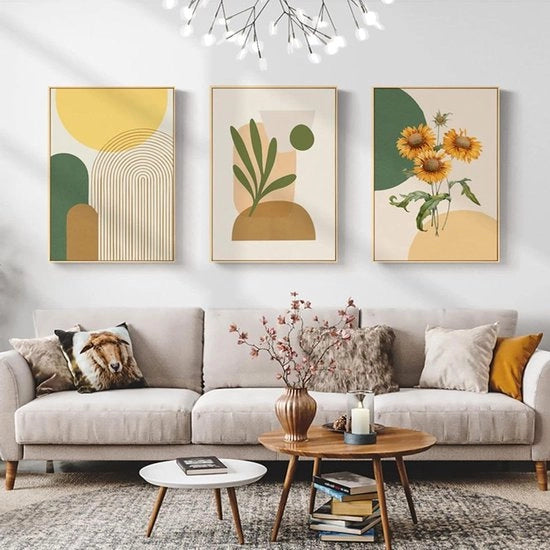 Set di 3 poster decorativi - fiori di girasole dipinti - poster boho per la parete - decorazione per soggiorno e camera da letto - 30 x 40 cm.