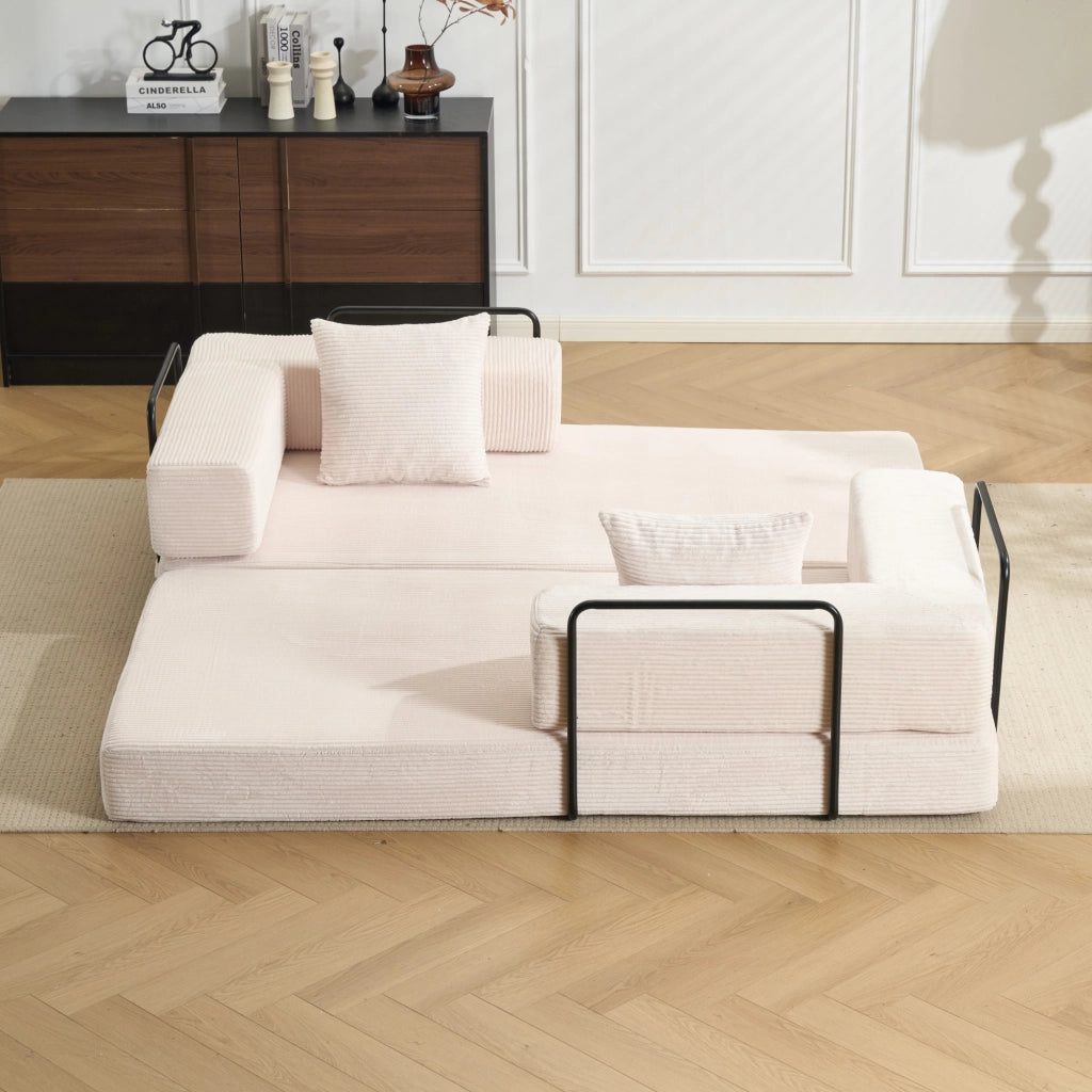 Divano letto pieghevole da pavimento con schienale e braccioli in velluto a coste bianco 185 × 92,5 × 60 cm