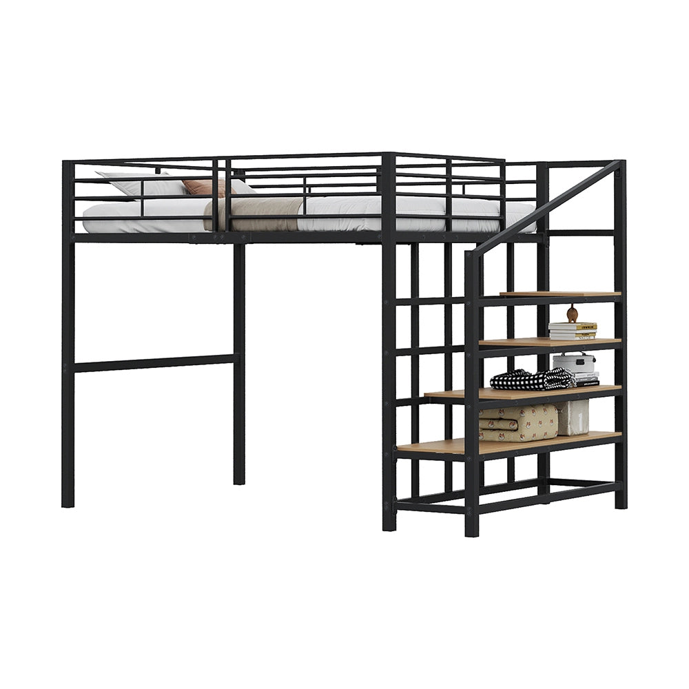 Letto a soppalco 140x200 cm - Xylo - Robusto in metallo con scala e spazio di archiviazione, Nero