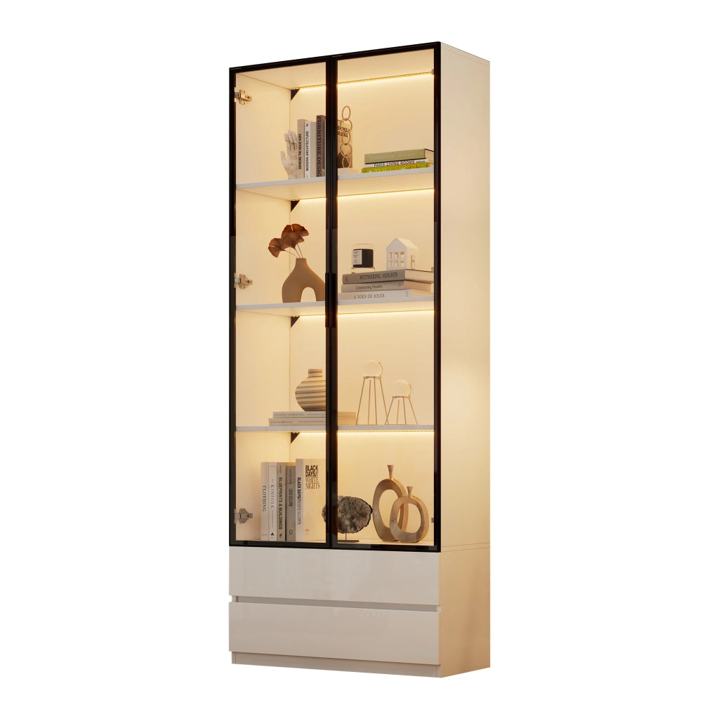 Vetrina con LED, 2 ante e 2 cassetti, per soggiorno e studio, in MDF e vetro temperato, bianco, 80 × 34 × 200 cm