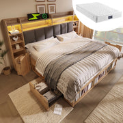 Letto Matrimoniale 160x200 - Zephmum - Testiera imbottita con LED, comodini con USB/Type-C, contenitore
