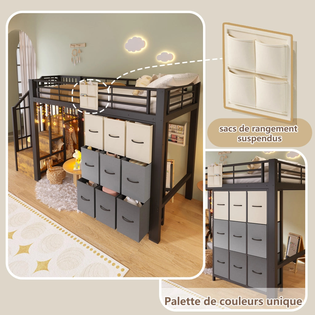 Letto a soppalco in metallo con cassetti e scala contenitore, 90x200 cm, nero