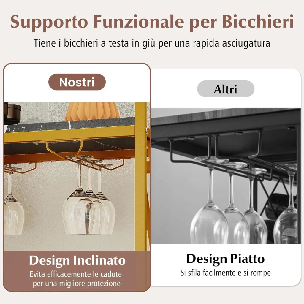 Portabottiglie da Terra per 21 Bottiglie, Portabottiglie da Vino con Supporto per Bicchieri, Piano in Legno e Mensola per Stoccaggio, Struttura Metallica，per Cucina e Bar (Nero)