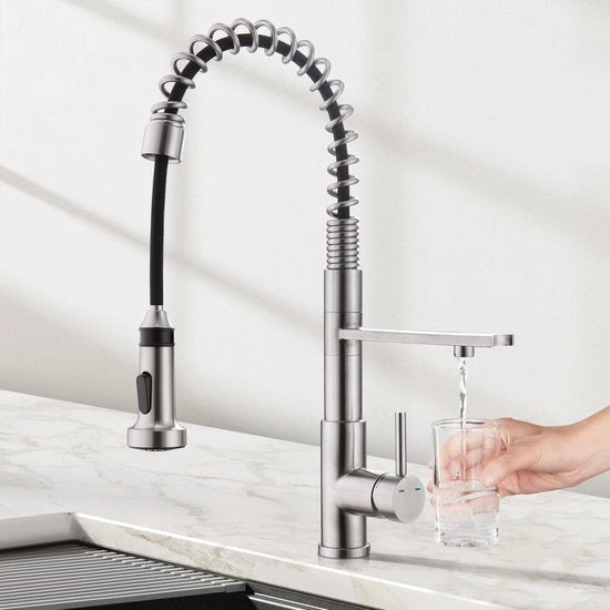 Kraan 3 vie spiralettrice per cucina, rubinetto per acqua potabile cucina con rubinetto da doccia esterno, rubinetto cucina, miscelatore rubinetto per vasca cucina per installazione osmose e filtro acqua, in acciaio inox lucidato