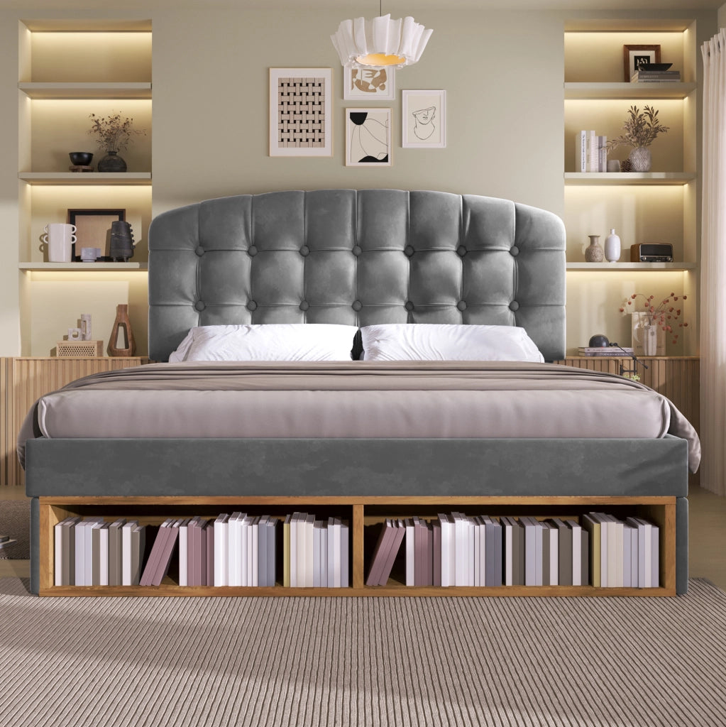 Letto imbottito 140x190 cm in velluto grigio con testiera regolabile; doghe; cassetti e vani contenitore