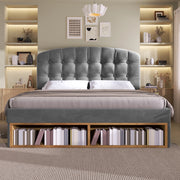 Letto imbottito 140x190 cm in velluto grigio con testiera regolabile; doghe; cassetti e vani contenitore