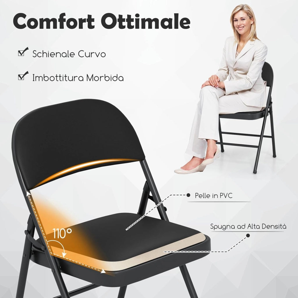 Set di 2 Sedie Pieghevoli, Sedia per Interno ed Esterno con Struttura in Metallo, Sedie Impilabili in Artificiale PVC, Portata 150kg, Sdraio Imbottite da Pranzo per Feste e Matrimoni (2)