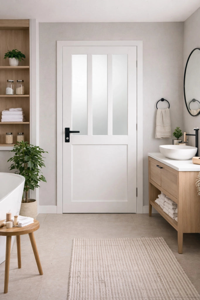 Blocco porta officina BIANCO in vetro smerigliato H204 x L73 Dimensioni tavolo a spinta sinistra + maniglia