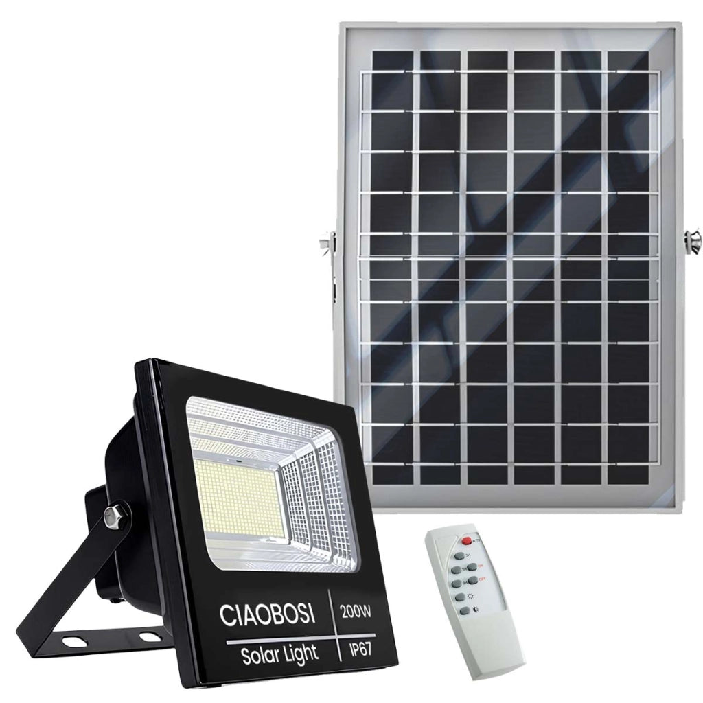 Proiettore Solare LED 200W IP67 con Pannello Solare Separato e Telecomando Nero trasparente Avizar