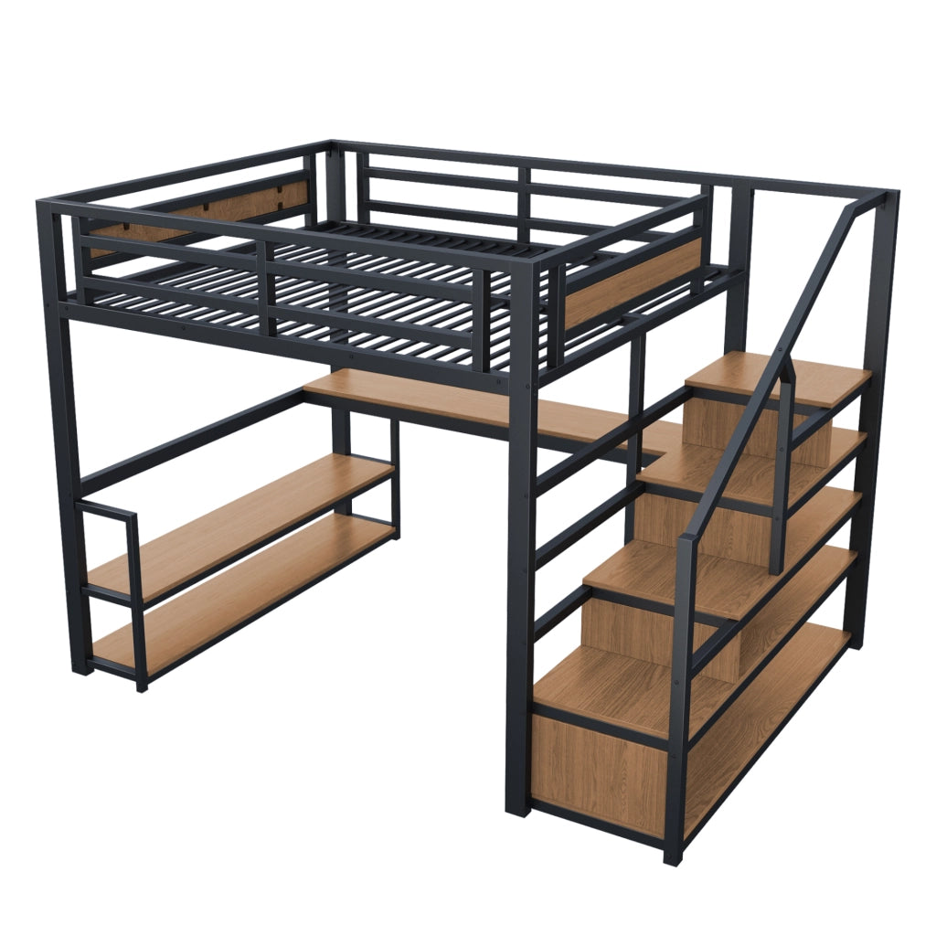 Letto a soppalco in metallo 140x200 cm con scala contenitore; scaffali e scrivania; nero